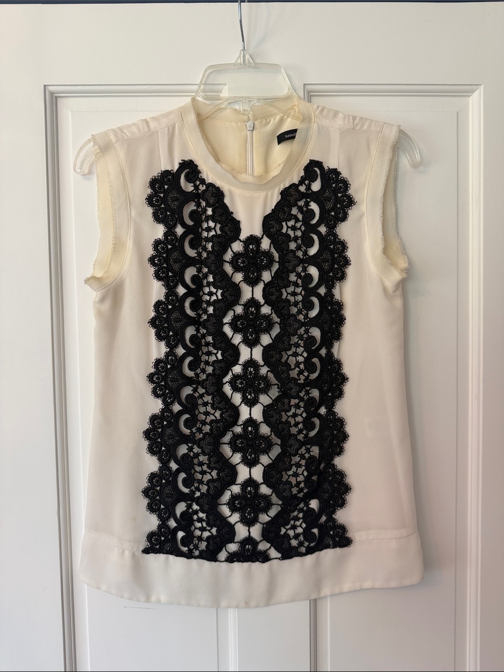 Nanette Lepore Cream Sleeveless Blouse with Black Lace Appliqué